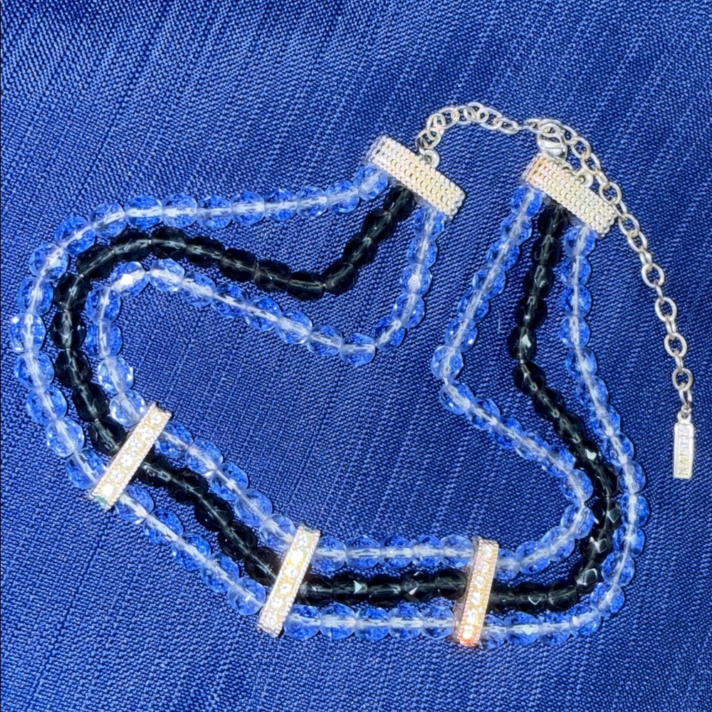 Vintage Napier Blue Crystal Beaded Necklace three-strand beaded faceted crystal